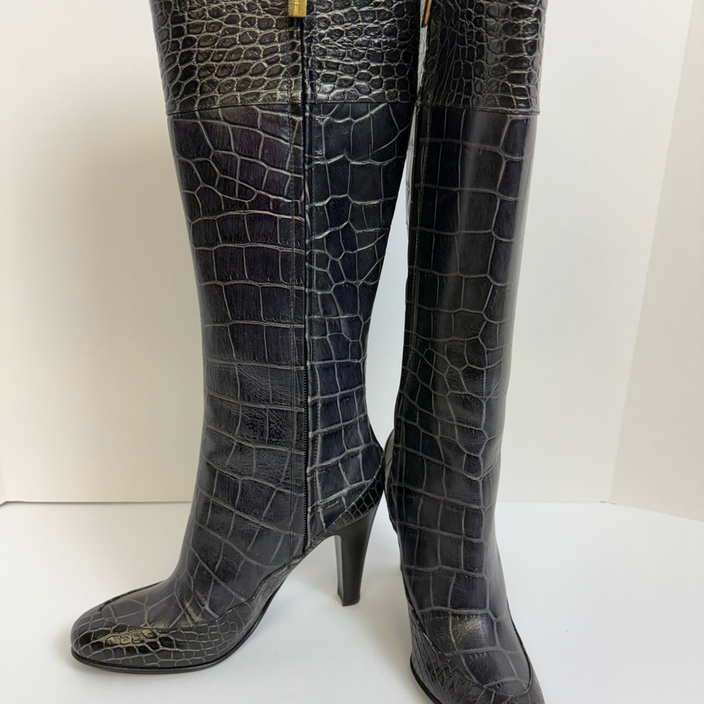 Bruno Magli Black Heeled Boots with Crocodile Texture and High Heel